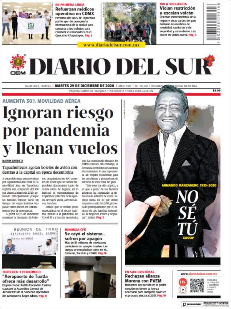 Portada de El Diario del Sur (México)