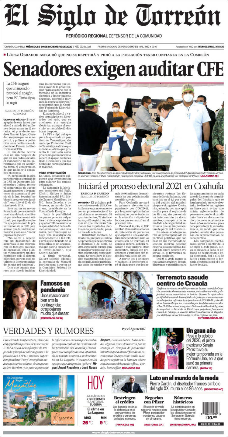 Portada de El Siglo de Torreon (México)