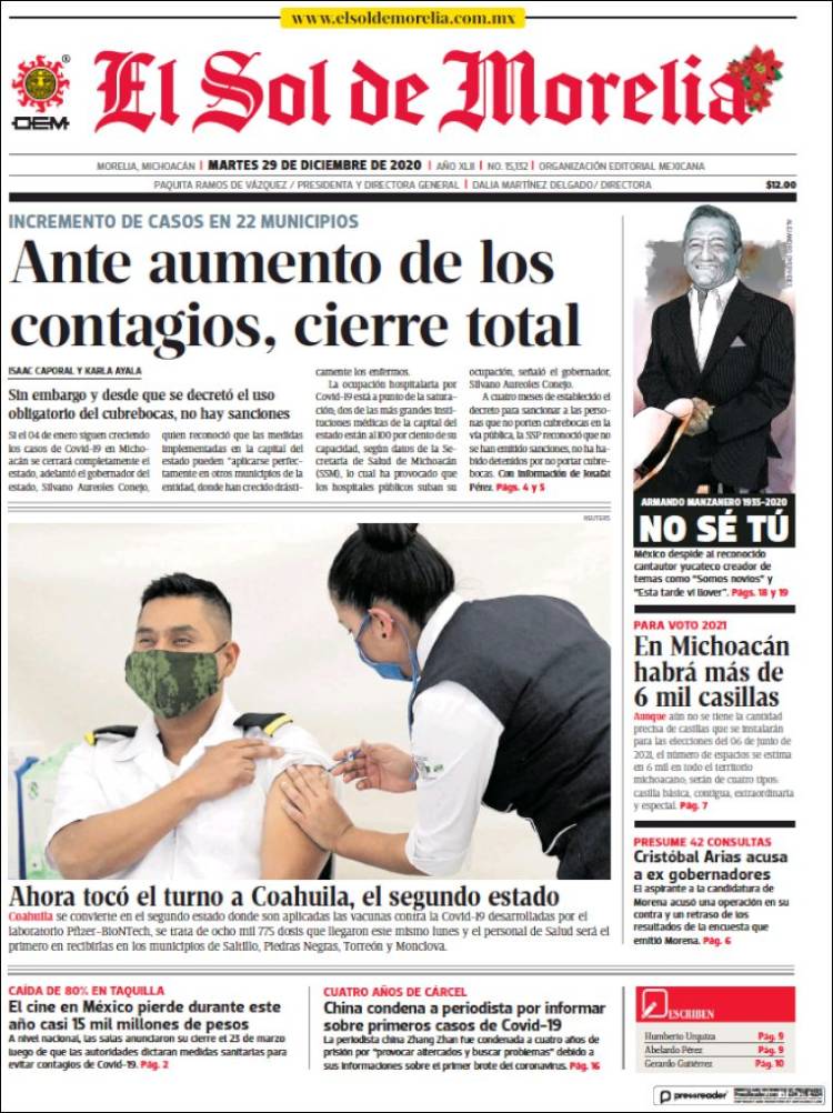 Portada de El Sol de Morelia (México)