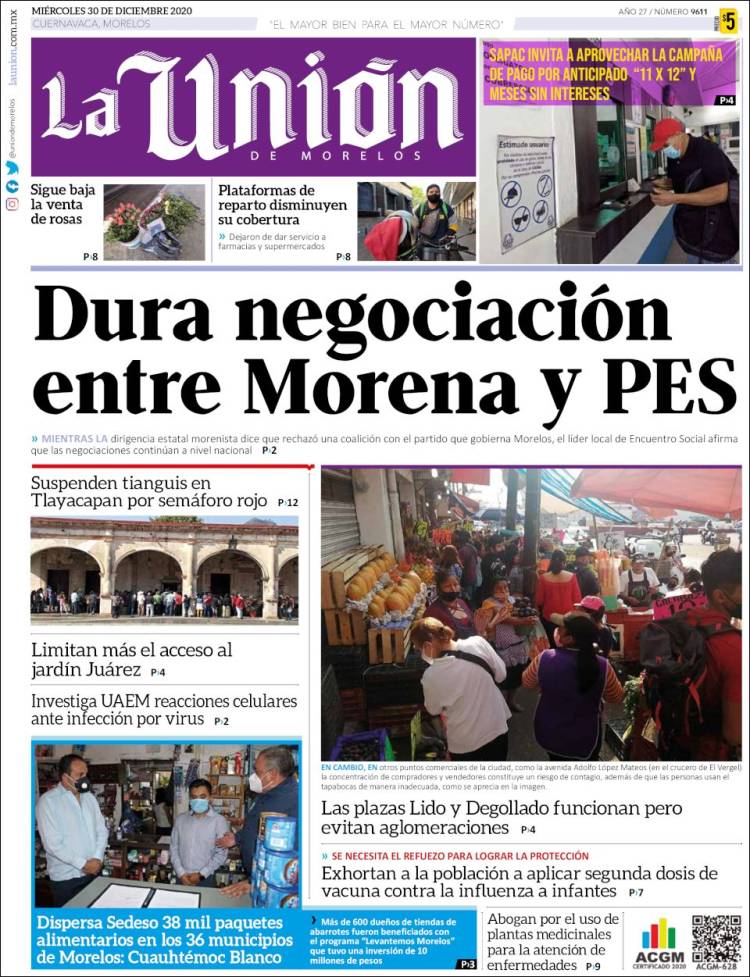 Portada de La Unión de Morelos (México)