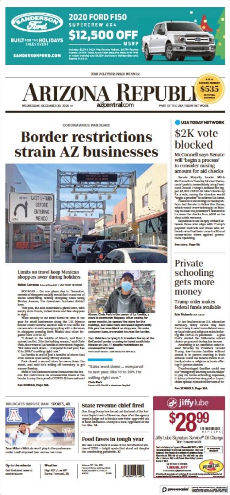 Portada de Arizona Republic News (USA)