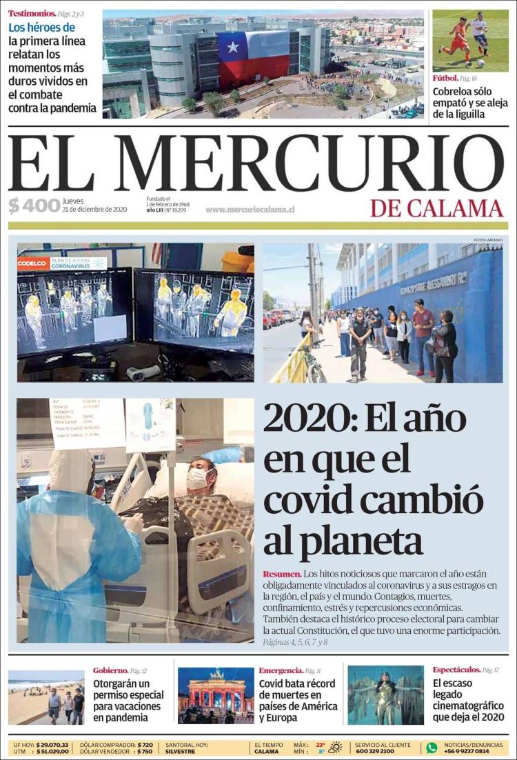 Portada de El Mercurio - Calama (Chile)