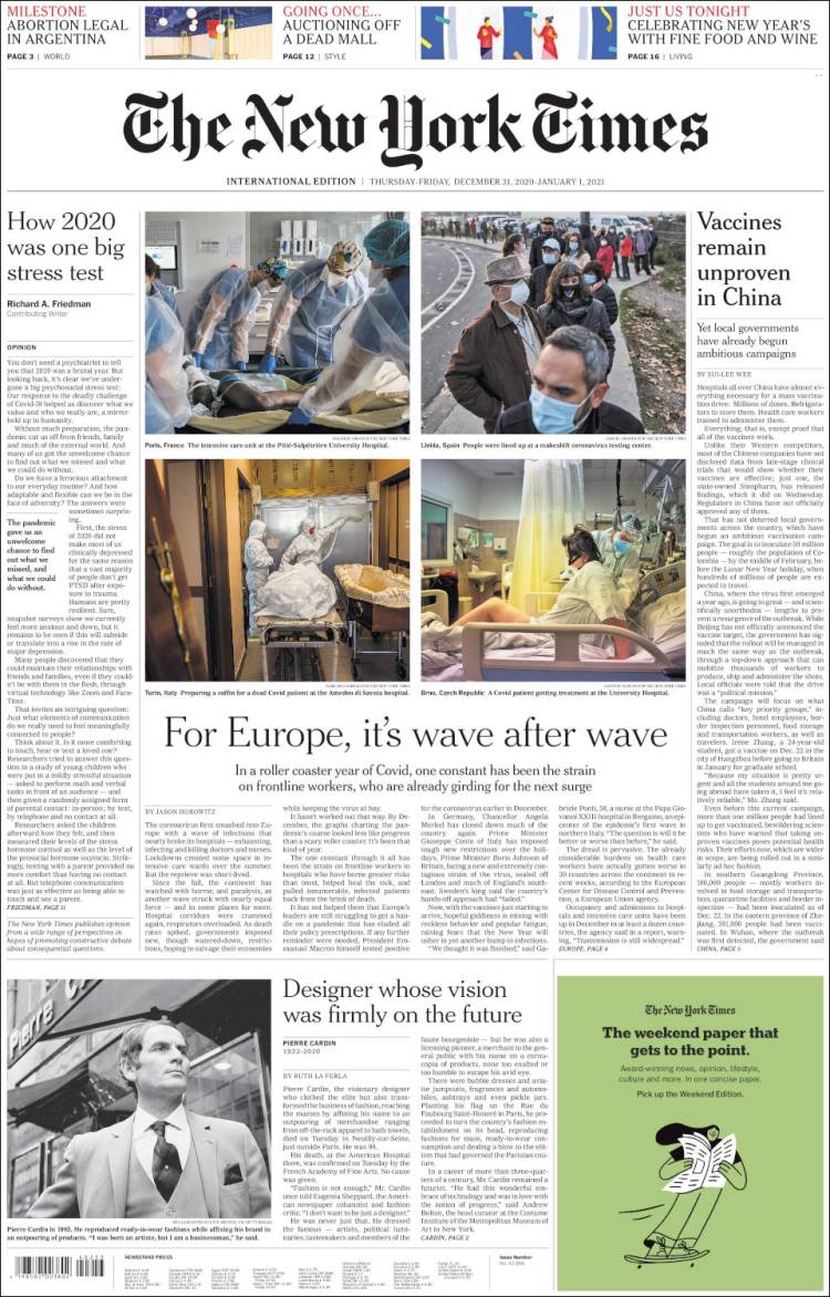 Portada de International New York Times (Europe)