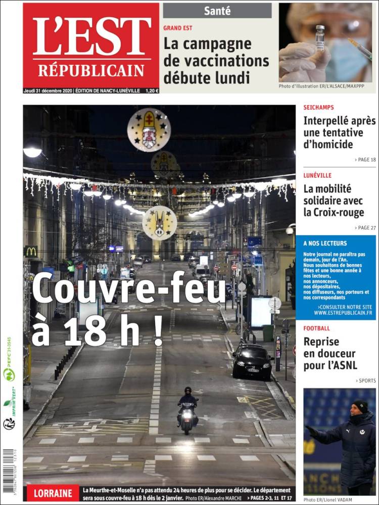 Portada de L'Est Republicain (Francia)