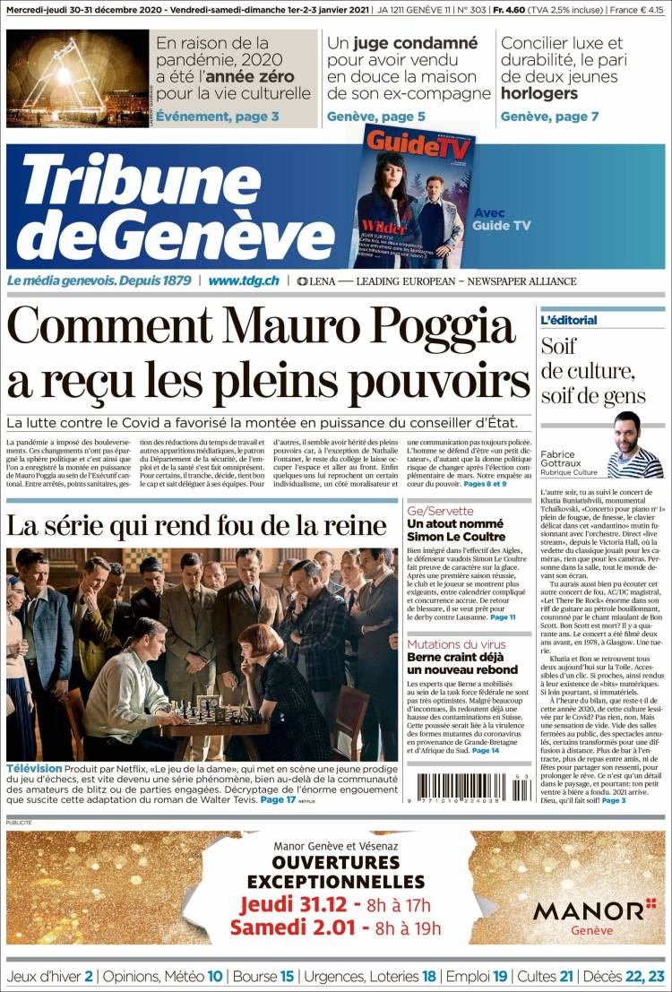 Portada de La Tribune de Genève (Suisse)
