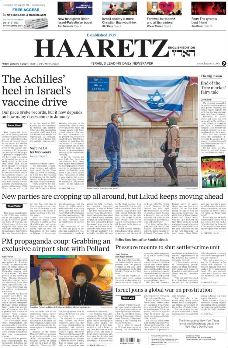 Portada de Haaretz (Israel)