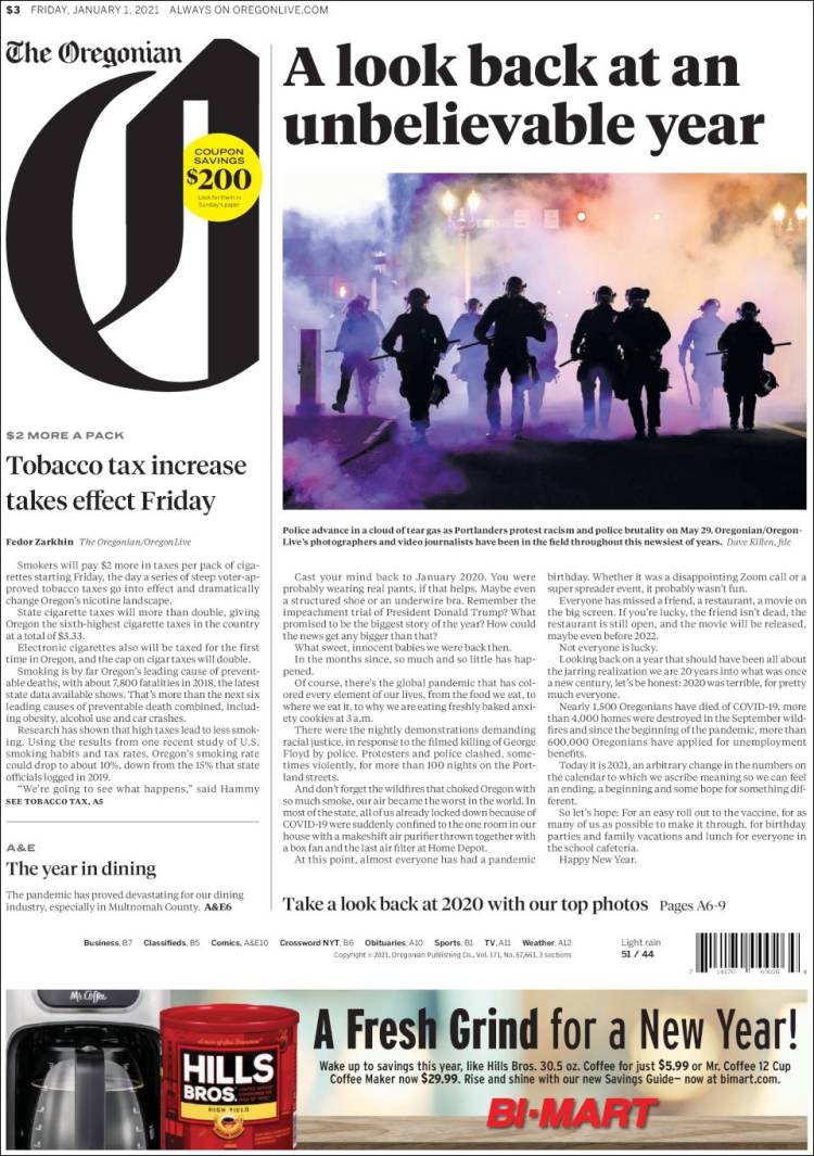 Portada de The Oregonian (USA)