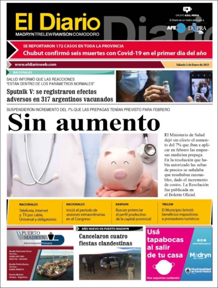 Portada de El Diario de Madryn (Argentina)