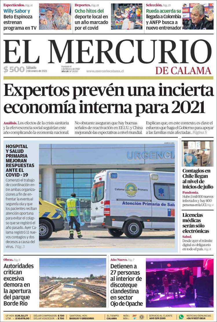 Portada de El Mercurio - Calama (Chile)