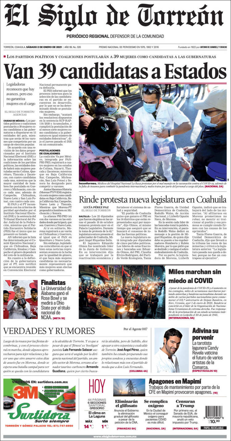 Portada de El Siglo de Torreon (M&eacute;xico)