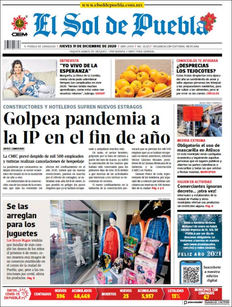 Newspaper El Sol De Puebla Mexico Newspapers In Mexico Saturdays Edition January 2 Of 2021 1065