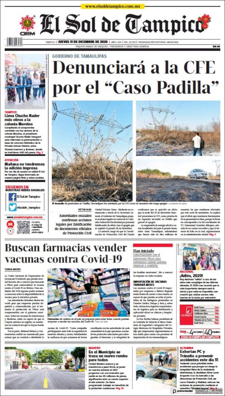 Portada de El Sol de Tampico (M&eacute;xico)
