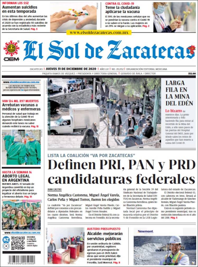 Portada de El Sol de Zacatecas (M&eacute;xico)
