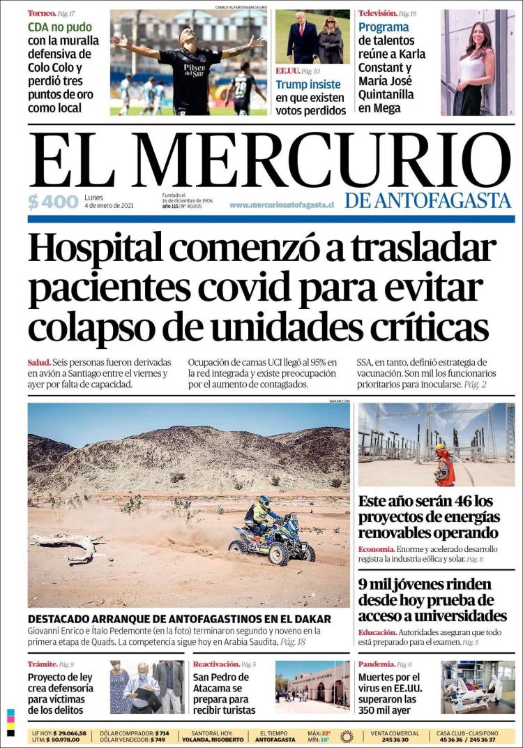 Portada de El Mercurio de Antofagasta (Chile)