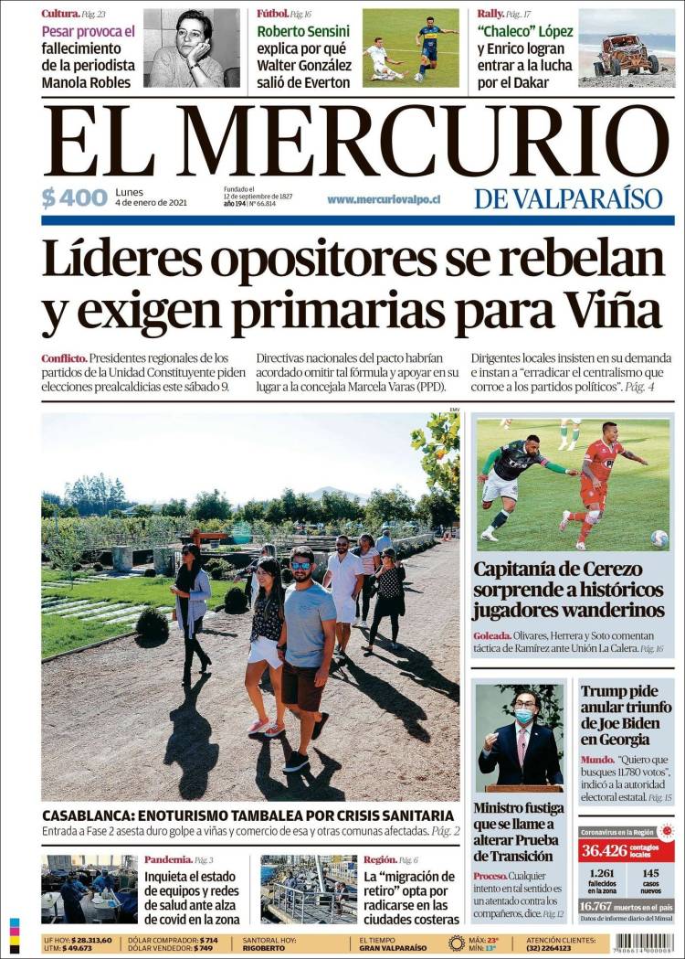 Portada de Mercurio de Valparaiso (Chile)