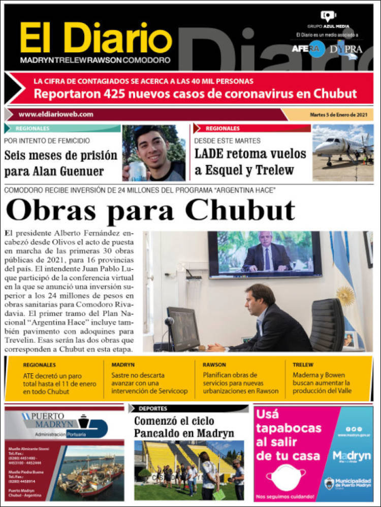 Portada de El Diario de Madryn (Argentina)