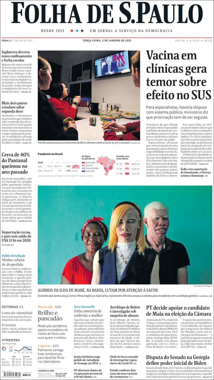 Portada de Folha de São Paulo (Brasil)