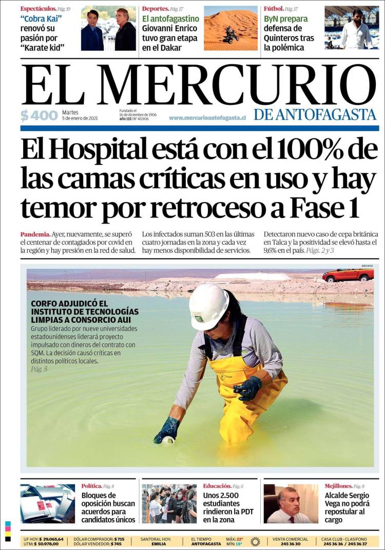 Portada de El Mercurio de Antofagasta (Chile)