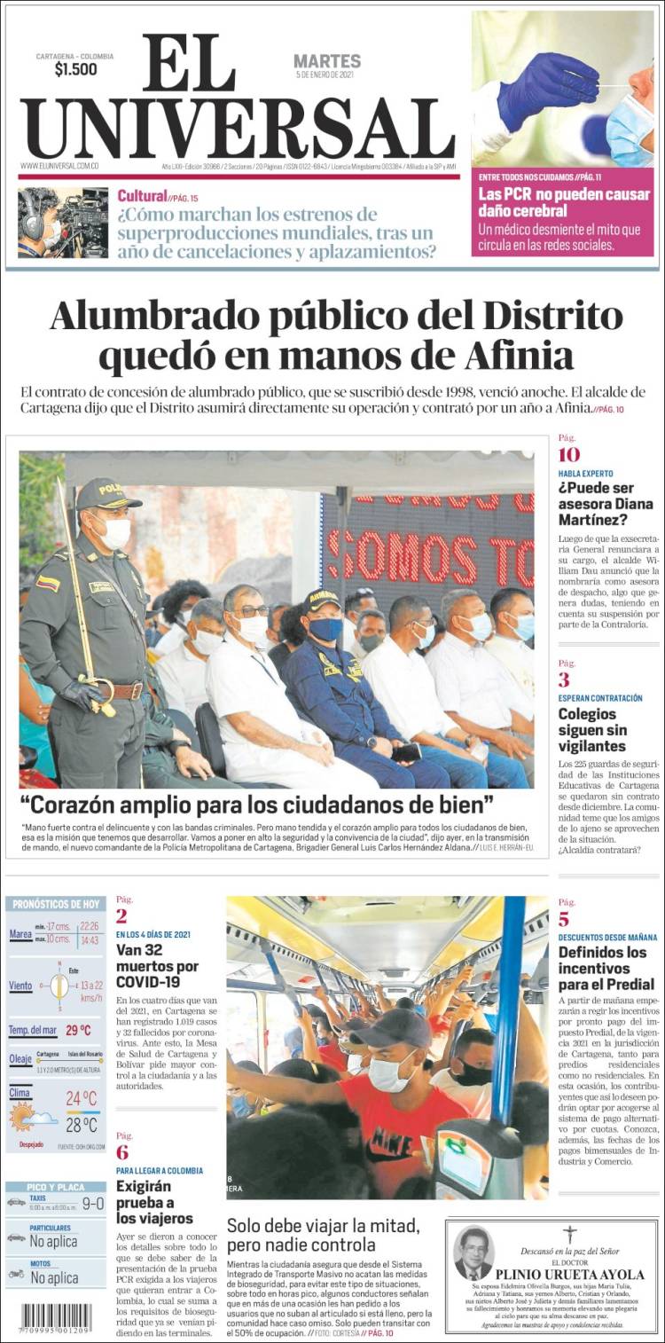 Portada de El Universal (Colombia)