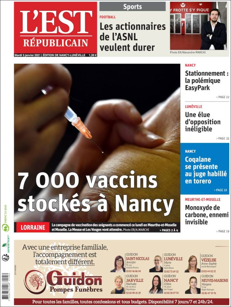 Portada de L'Est Republicain (Francia)