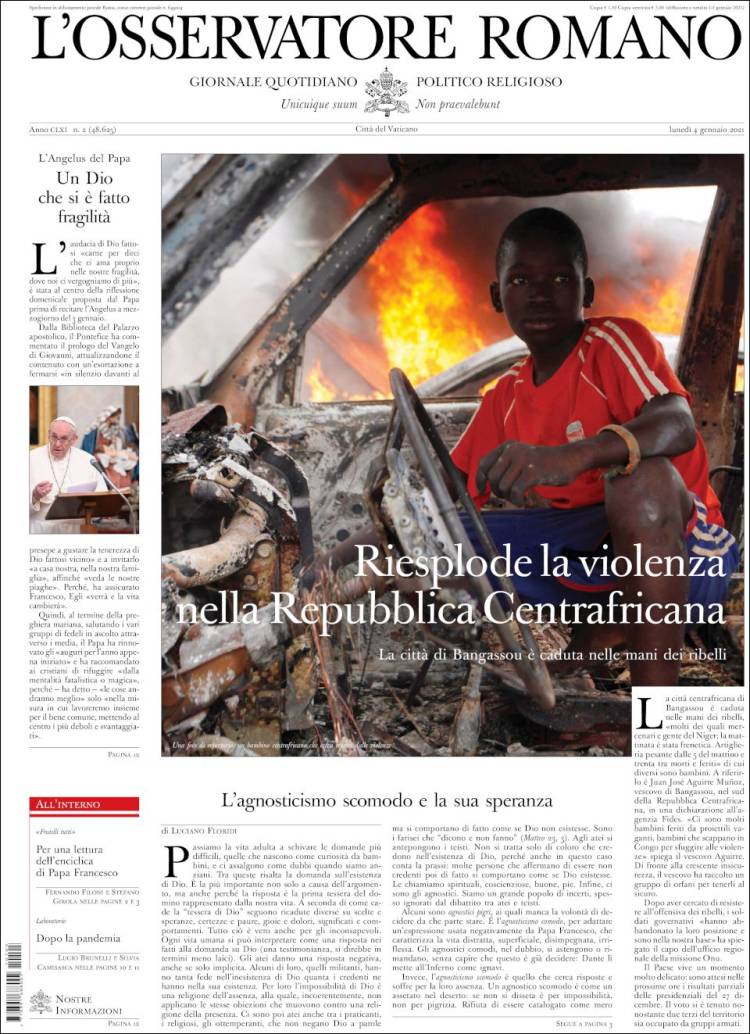 Portada de L'Osservatore Romano (Italia)