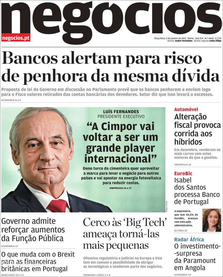Portada de Jornal de Negócios (Portugal)