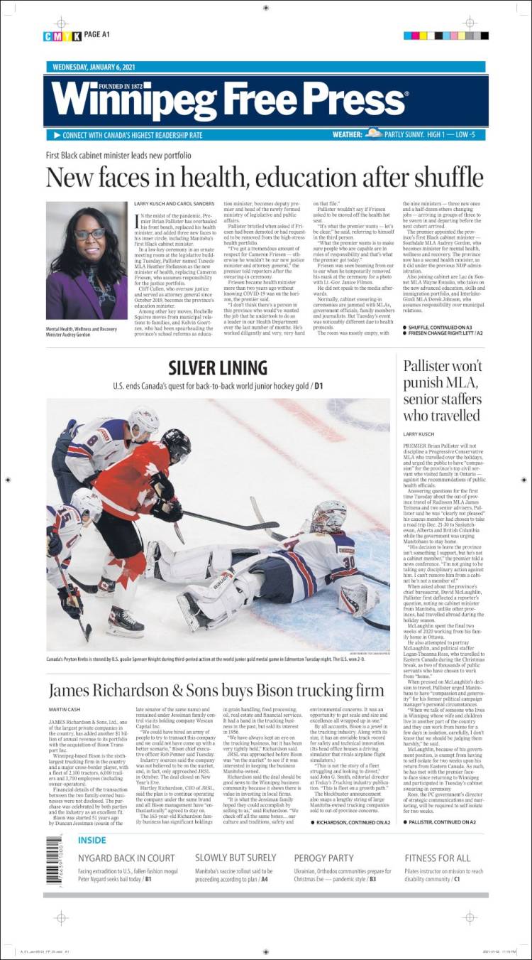 Portada de Winnipeg Free Press (Canadá)