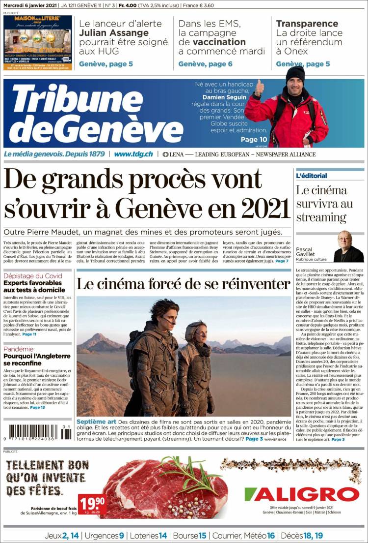 Portada de La Tribune de Genève (Suiza)