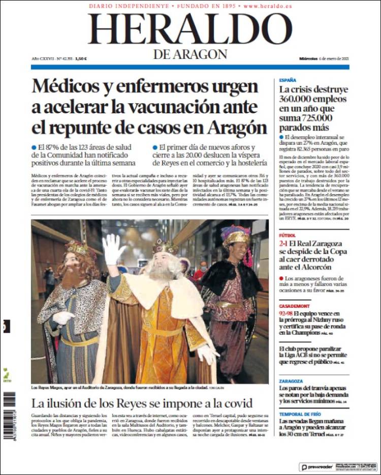 Portada de Heraldo de Aragón (España)