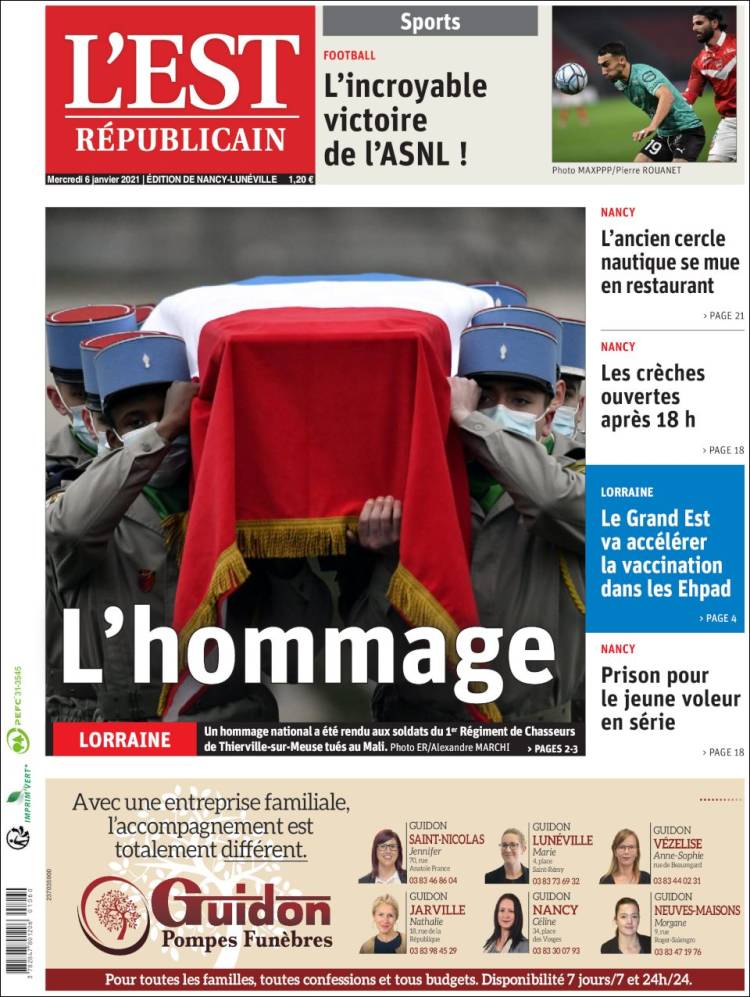 Portada de L'Est Republicain (Francia)