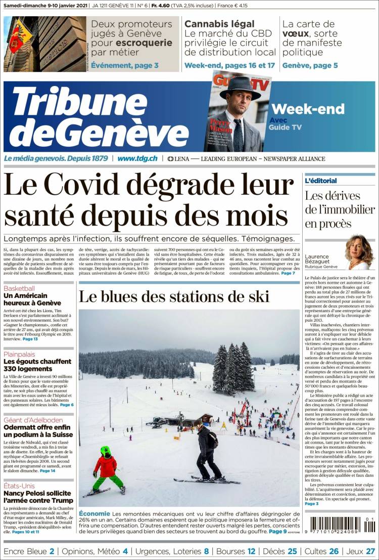 Portada de La Tribune de Genève (Suiza)