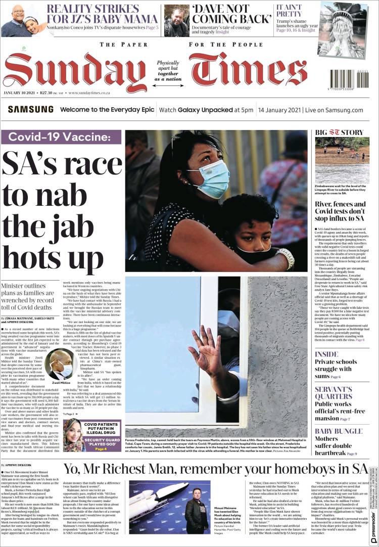 Portada de The Times (Sud&aacute;frica)
