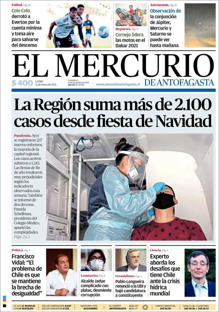 Portada de El Mercurio de Antofagasta (Chile)