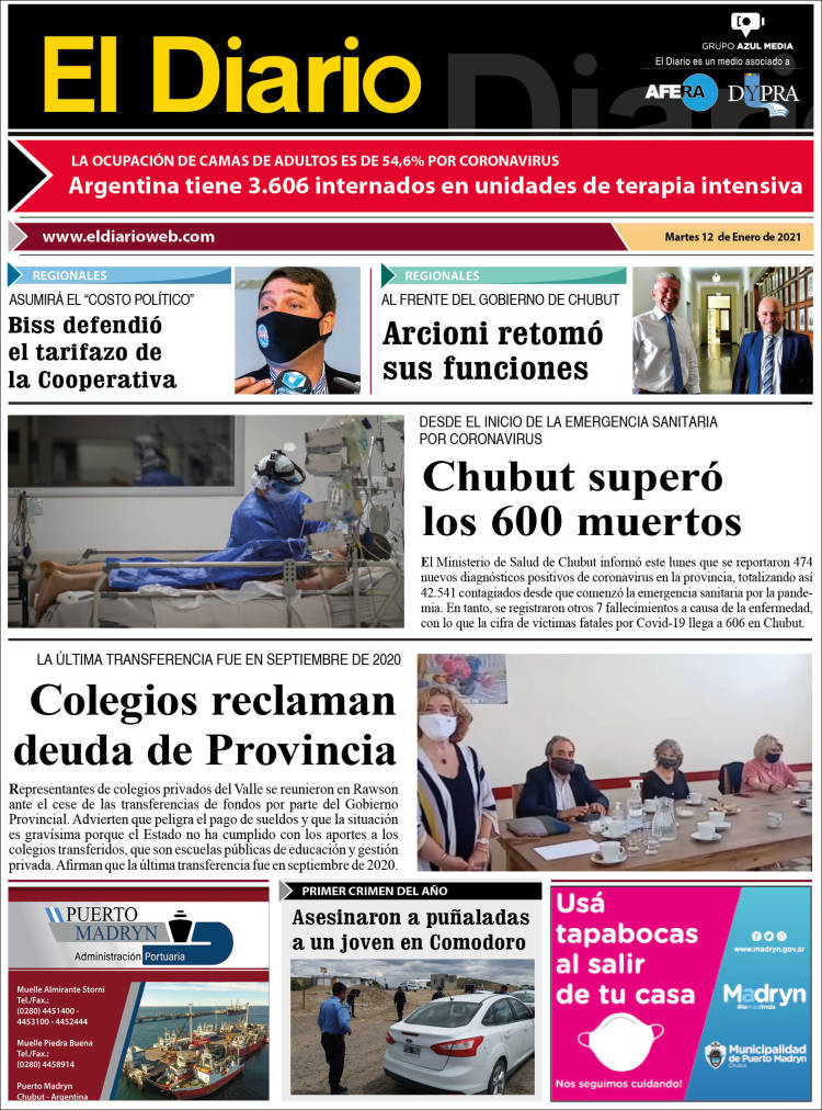 Portada de El Diario de Madryn (Argentina)