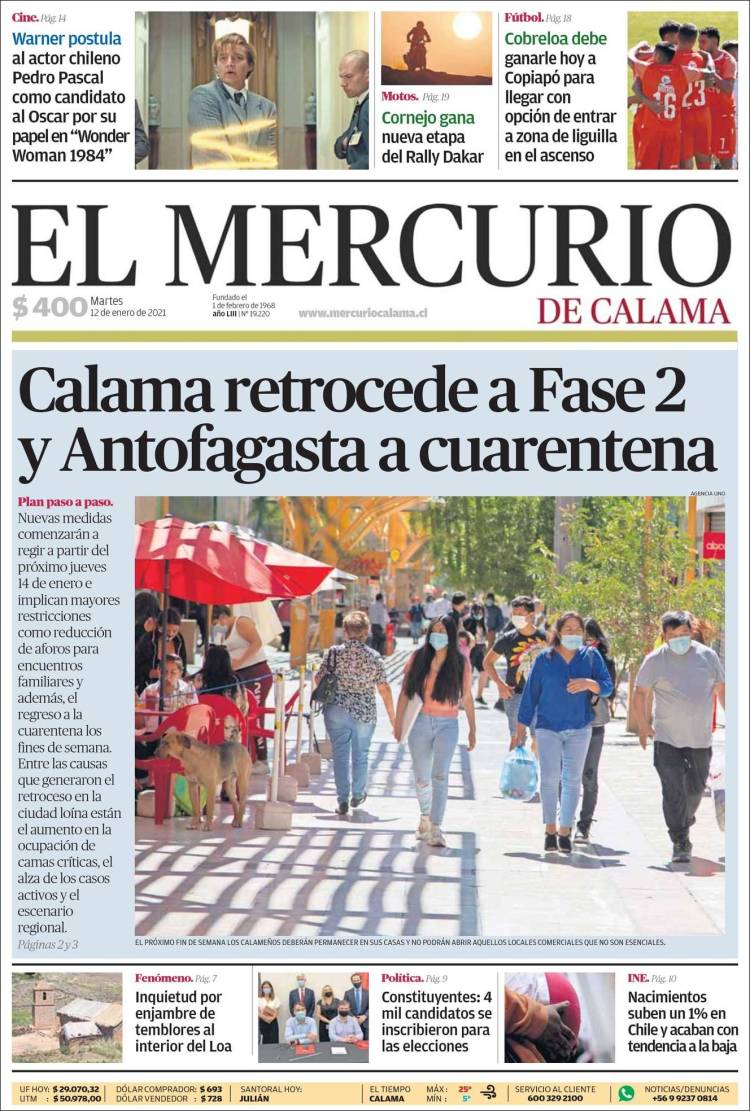 Portada de El Mercurio - Calama (Chile)