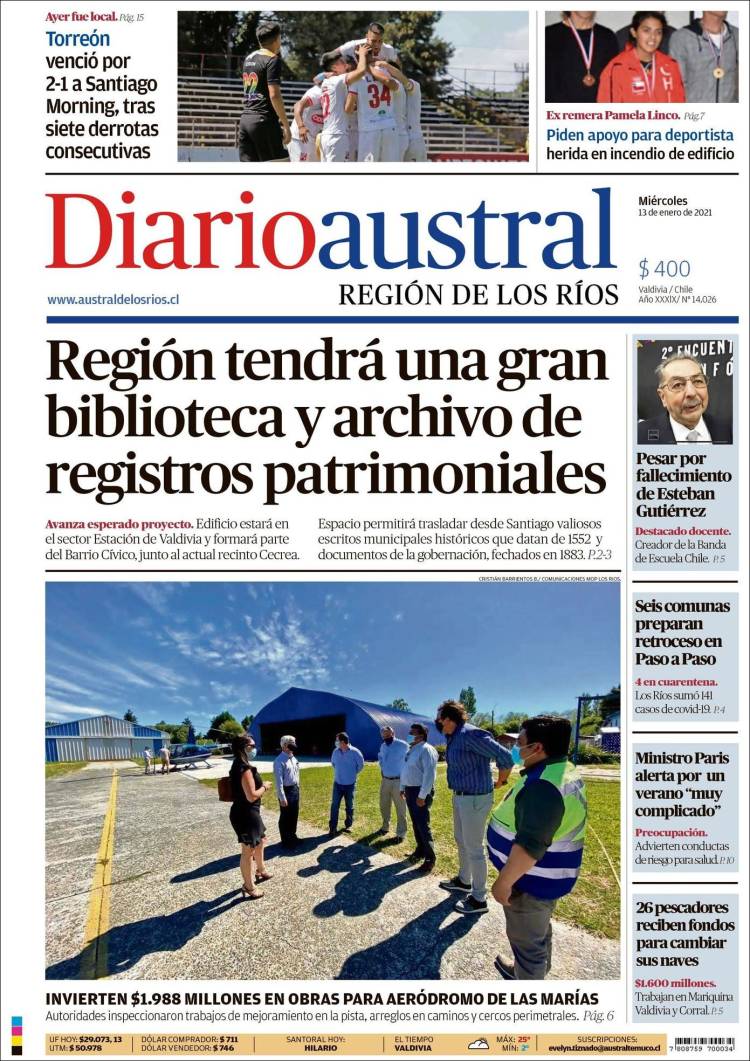 Portada de El Diario Austral de Valdivia (Chile)