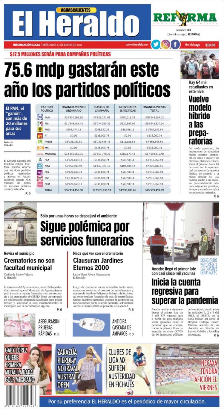 Portada de El Heraldo de Aguascalientes (México)