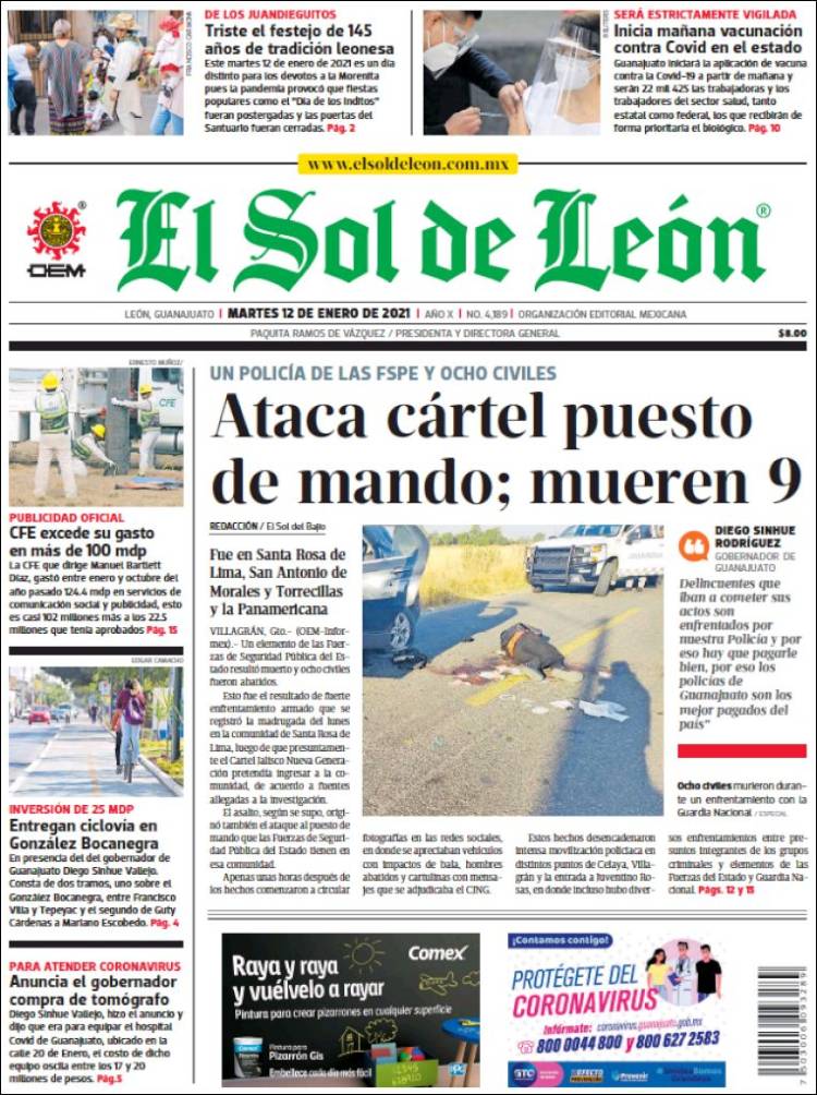 Periódico El Sol de León (México). Periódicos de México. Edición de  miércoles, 13 de enero de 2021. 