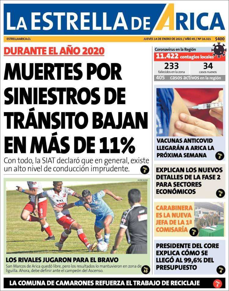 Portada de La Estrella de Arica (Chile)