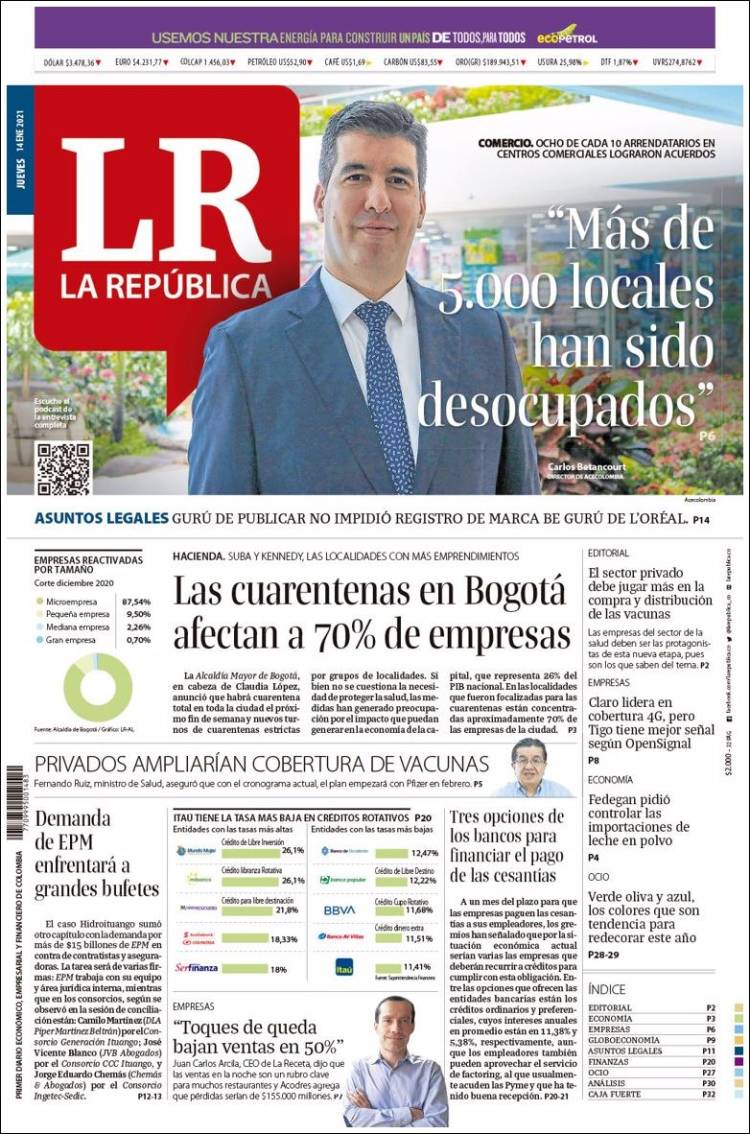 Portada de La Republica (Colombia)