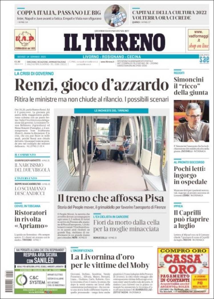 Portada de Il Tirreno (Italia)