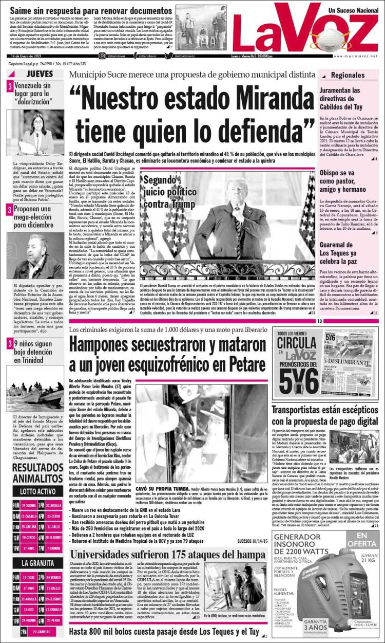 Portada de Diario La Voz (Venezuela)