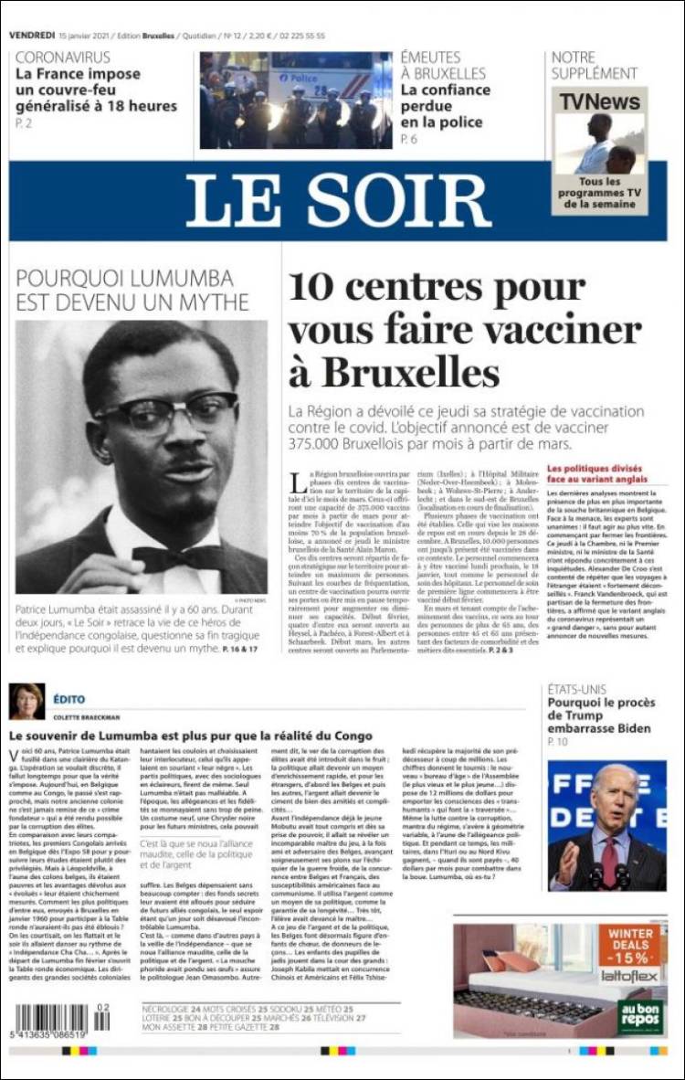 Portada de Le Soir (B&eacute;lgica)