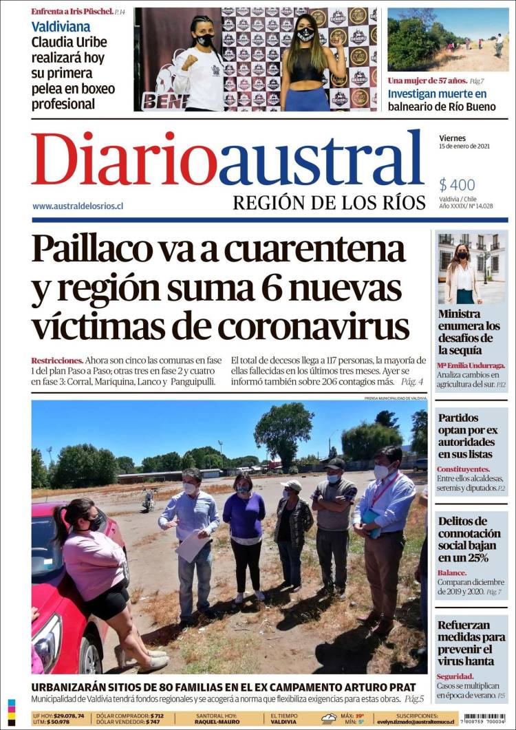 Portada de El Diario Austral de Valdivia (Chile)