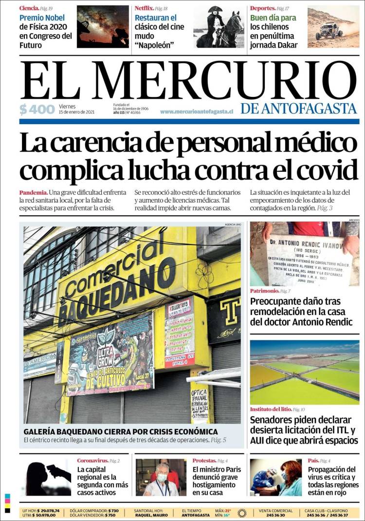 Portada de El Mercurio de Antofagasta (Chile)