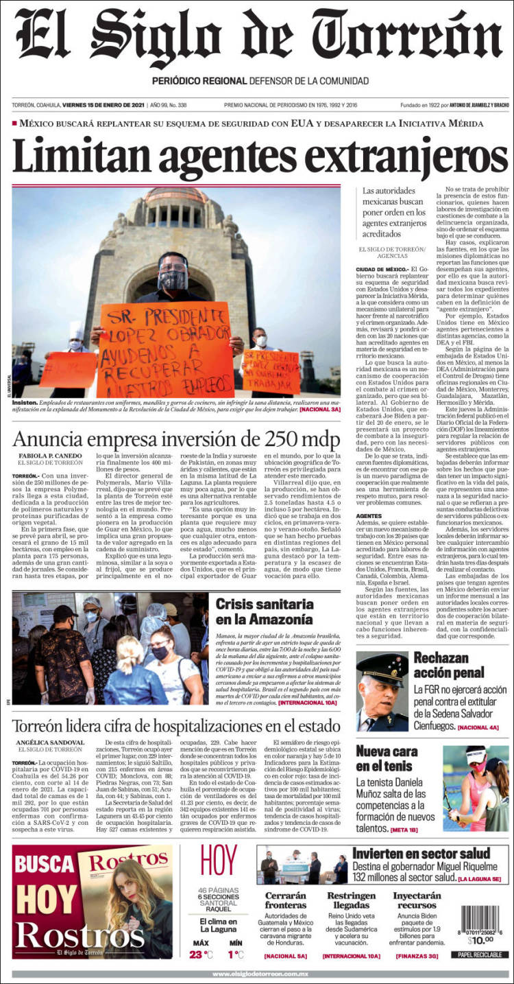 Portada de El Siglo de Torreon (México)