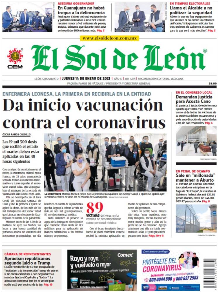Periódico El Sol de León (México). Periódicos de México. Edición de  viernes, 15 de enero de 2021. 