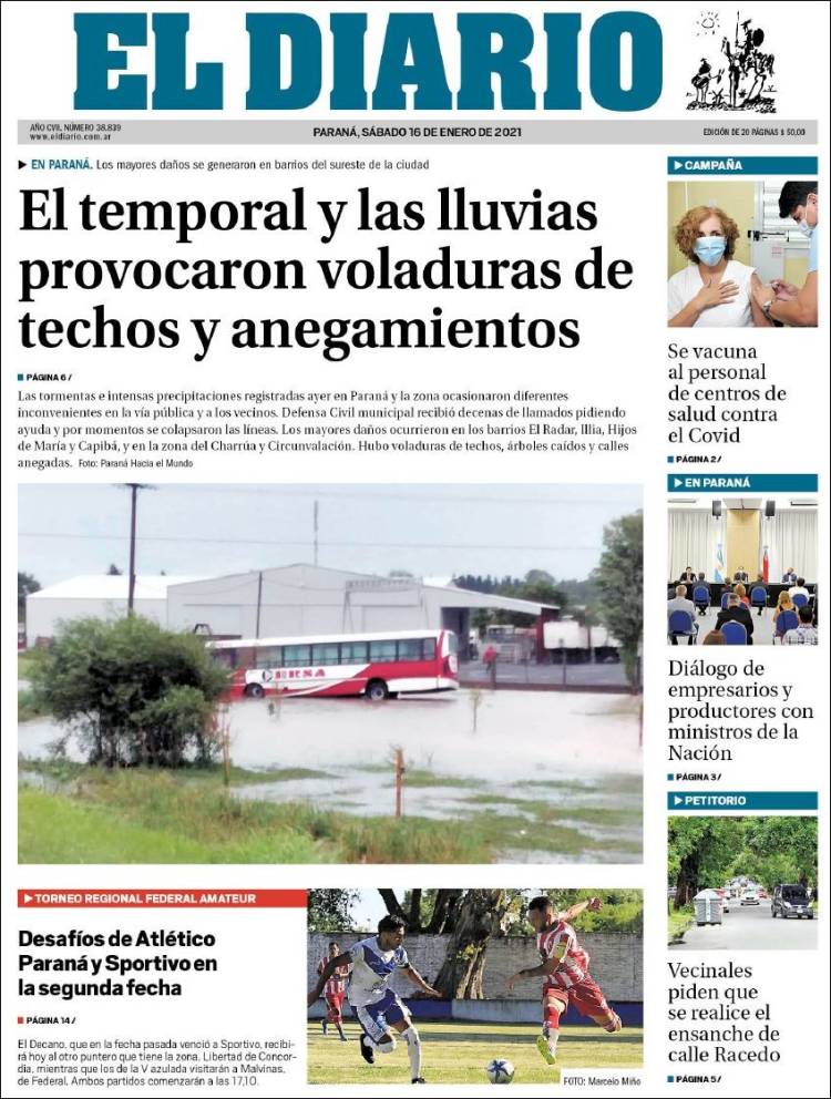 Portada de El Diario de Paraná (Argentina)