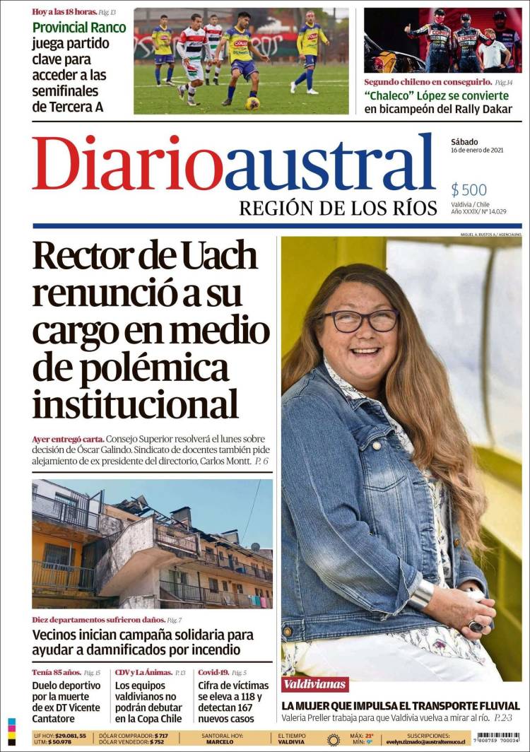 Portada de El Diario Austral de Valdivia (Chile)