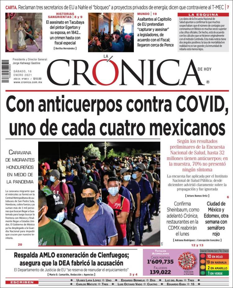 Periódico La Crónica de Hoy (México). Periódicos de México. Edición de  sábado, 16 de enero de 2021. 